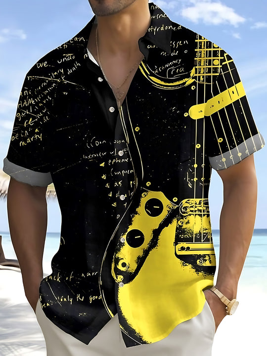 men's guitar print shirt front view