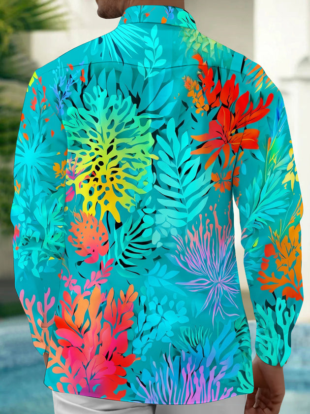 Adaychic Men's Hawaiian Tropical Leaves And Flowers Print Long Sleeve Shirt with Chest Pocket