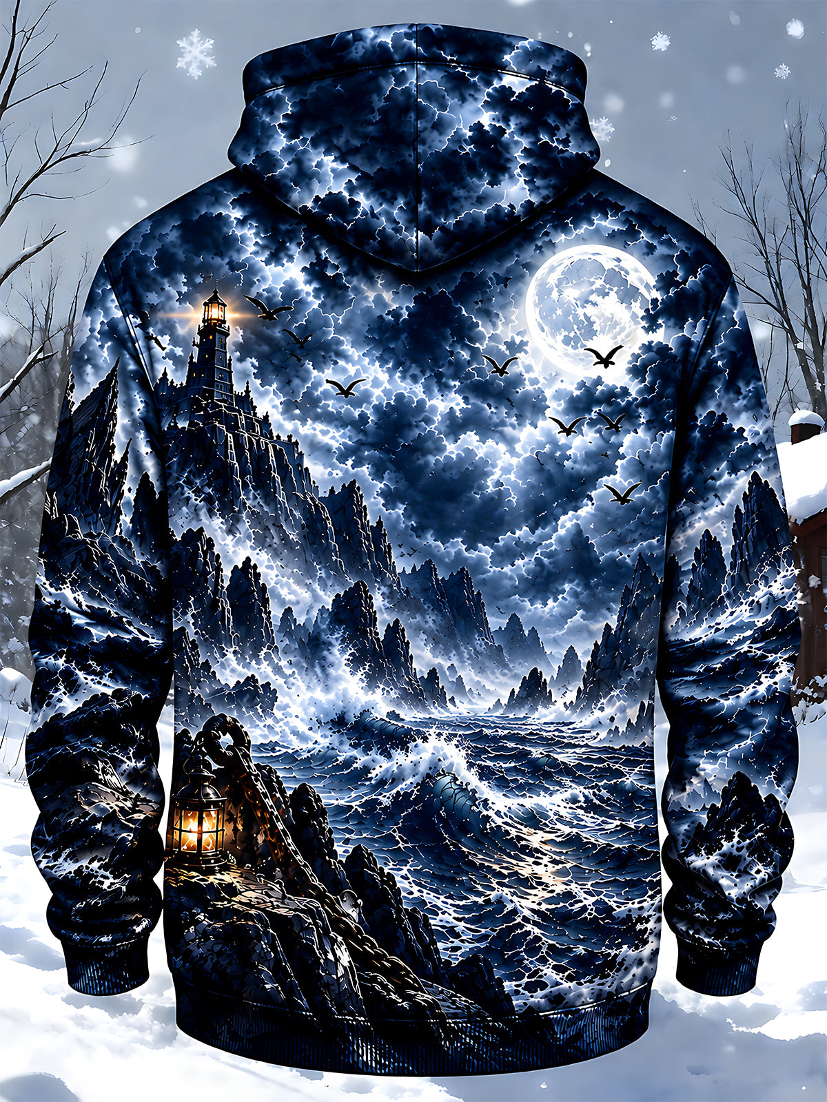 Adaychic Men's Graphic Sailing Ship Print Lighthouse Print Long Sleeve Hoodie