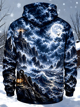Adaychic Men's Graphic Sailing Ship Print Lighthouse Print Long Sleeve Hoodie