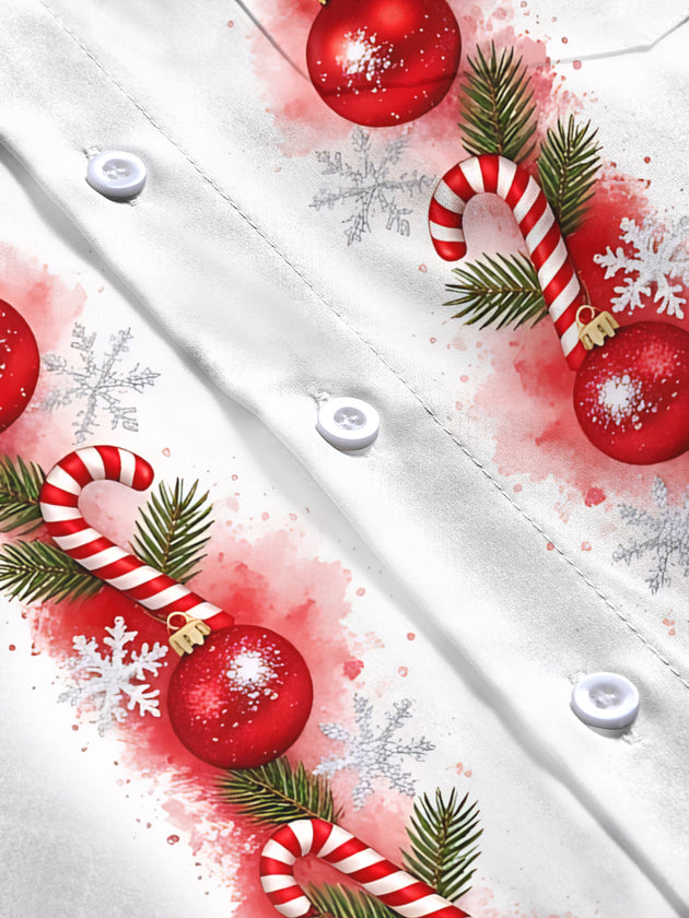 Adaychic Men's Christmas Ornaments And Candy Canes Print Long Sleeve Shirt with Chest Pocket