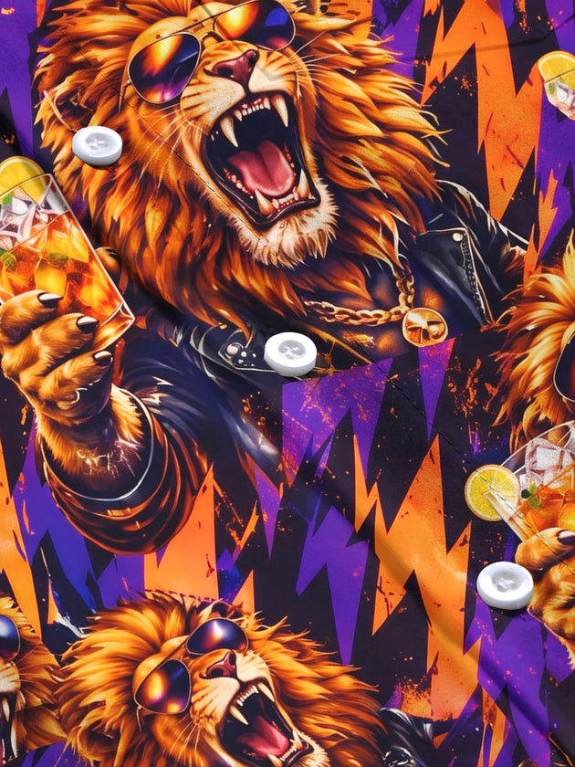 Adaychic Men's Hawaiian Lion With Sunglasses And Drink Print Long Sleeve Shirt with Chest Pocket