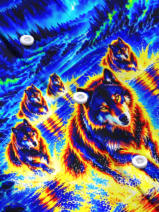 Adaychic Men's Long Sleeve Stand Collar Shirt - Psychedelic Wolves In River Landscape Print
