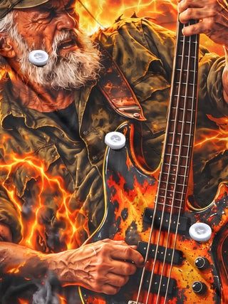 Adaychic Men's Long Sleeve Shirt - Veterans Day Old Man Playing Bass Guitar In Flames Print with Chest Pocket