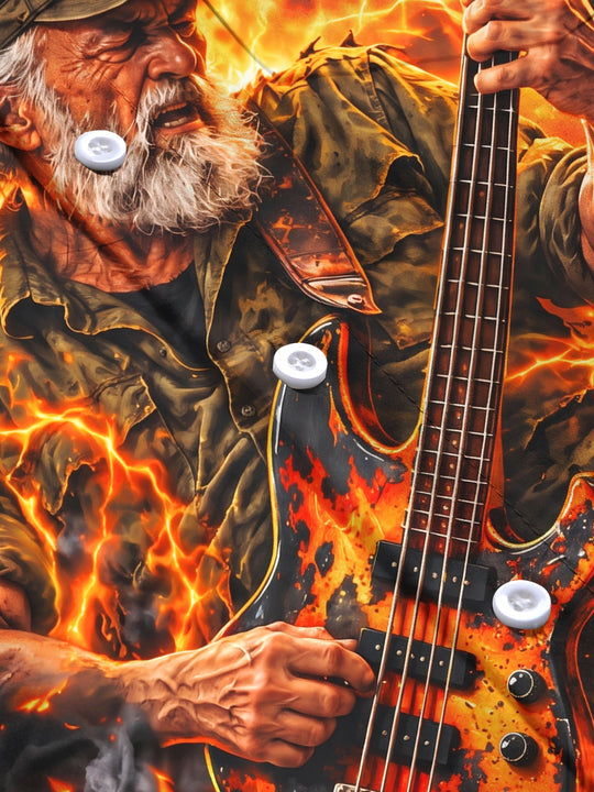 Adaychic Men's Long Sleeve Shirt - Veterans Day Old Man Playing Bass Guitar In Flames Print with Chest Pocket