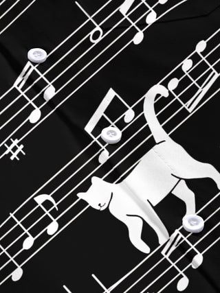 Adaychic Men's Graphic Cat On Musical Staff Print Short Sleeve Shirt with Chest Pocket