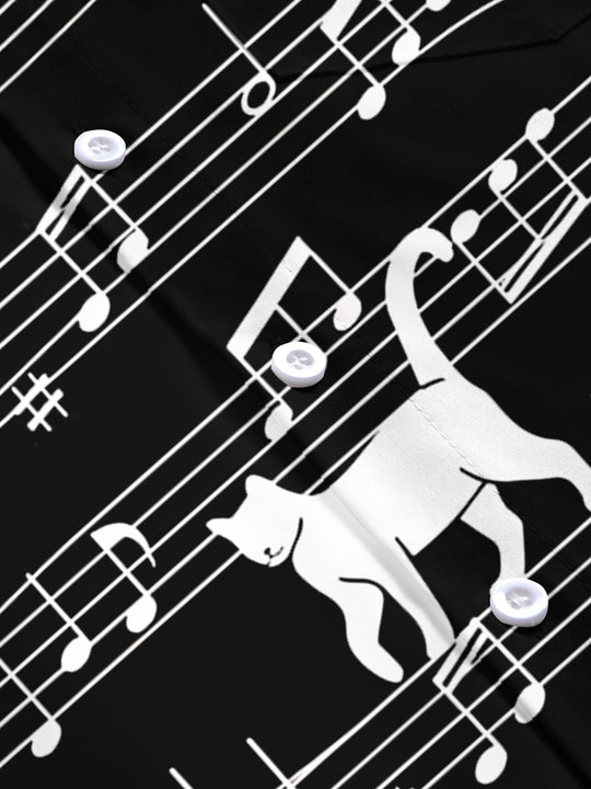 Adaychic Men's Graphic Cat On Musical Staff Print Short Sleeve Shirt with Chest Pocket