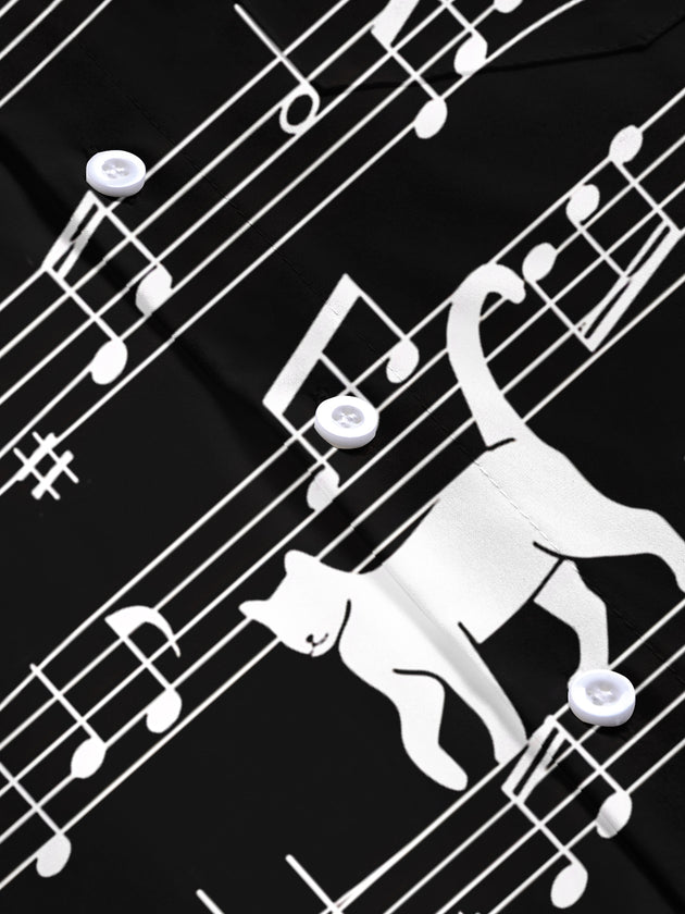 Adaychic Men's Graphic Cat On Musical Staff Print Short Sleeve Shirt with Chest Pocket