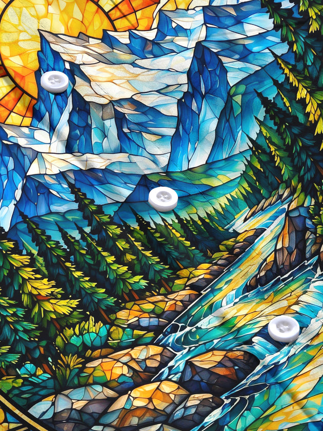Adaychic Men's Long Sleeve Stand Collar Shirt - Stained Glass Mountain River Landscape Print