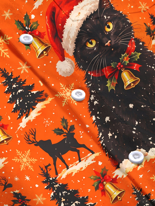 Adaychic Men's Long Sleeve Shirt - Black Cats With Santa Hats And Christmas Trees Print with Chest Pocket