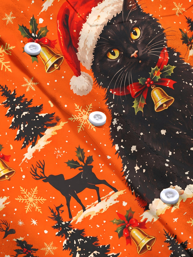 Adaychic Men's Long Sleeve Shirt - Black Cats With Santa Hats And Christmas Trees Print with Chest Pocket