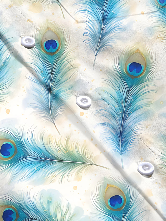 Adaychic Men's Hawaiian Peacock Feather Print Long Sleeve Shirt with Chest Pocket