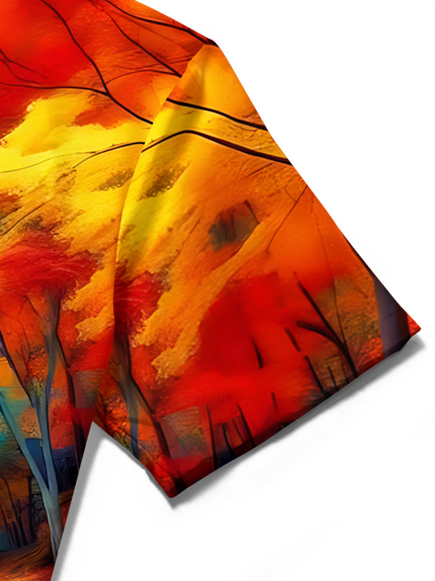 Adaychic Men's Graphic Autumn Peace Symbol Print Short Sleeve Shirt with Chest Pocket