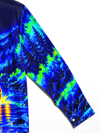 Adaychic Men's Long Sleeve Stand Collar Shirt - Psychedelic Wolves In River Landscape Print