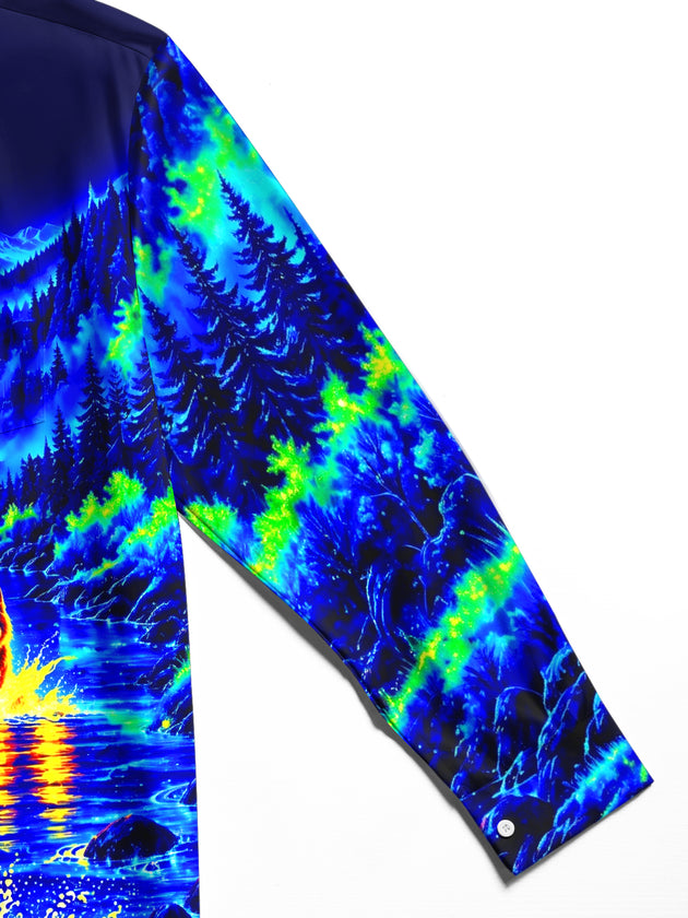 Adaychic Men's Long Sleeve Stand Collar Shirt - Psychedelic Wolves In River Landscape Print