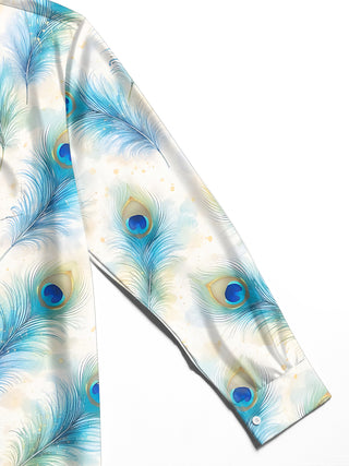 Adaychic Men's Hawaiian Peacock Feather Print Long Sleeve Shirt with Chest Pocket
