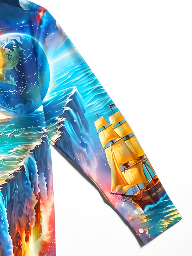 Adaychic Men's Graphic Sailing Ships Print Ocean Waves Print Long Sleeve Shirt with Chest Pocket