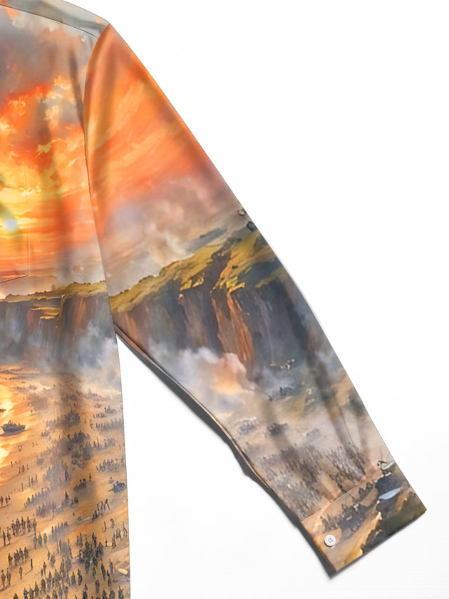Adaychic Men's Long Sleeve Shirt - D-day Beach Landing Scene With Soldiers And Landing Craft Print with Chest Pocket