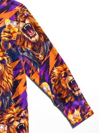 Adaychic Men's Hawaiian Lion With Sunglasses And Drink Print Long Sleeve Shirt with Chest Pocket