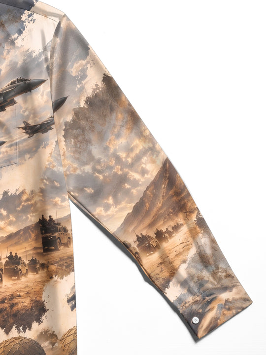 Adaychic Men's Long Sleeve Shirt - Veterans Day Military Soldiers And Beach Landing Scene Print with Chest Pocket