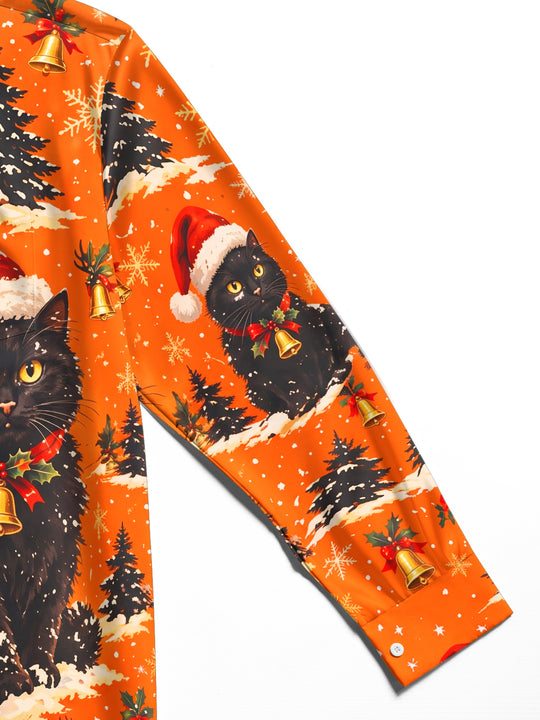 Adaychic Men's Long Sleeve Shirt - Black Cats With Santa Hats And Christmas Trees Print with Chest Pocket