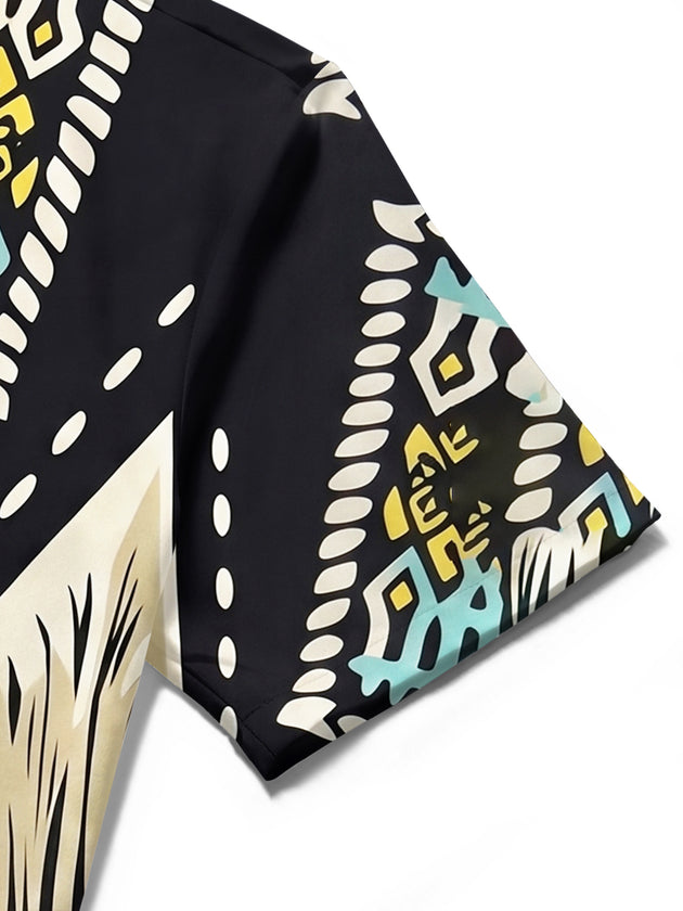 Adaychic Men's Patterned Geometric Pattern Fringe Print Short Sleeve Shirt with Chest Pocket