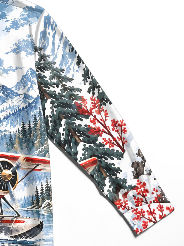 Adaychic Men's Graphic Vintage Snow Seaplane Print Long Sleeve Shirt with Chest Pocket