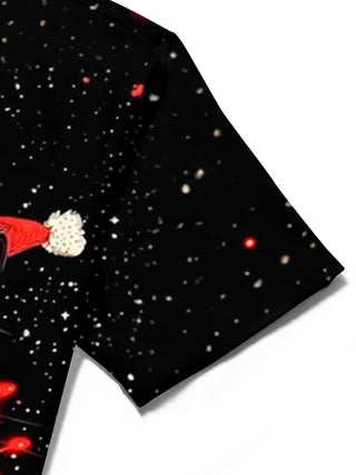 Adaychic Men's Graphic Black Cat With Santa Hat Print Short Sleeve Shirt with Chest Pocket