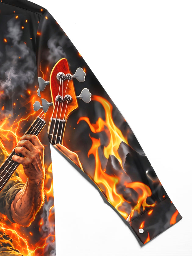Adaychic Men's Long Sleeve Shirt - Veterans Day Old Man Playing Bass Guitar In Flames Print with Chest Pocket