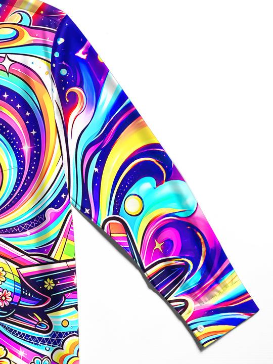 Adaychic Men's Graphic Rainbow Airplane Print Swirl Pattern Long Sleeve Shirt with Chest Pocket