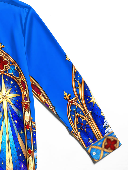 Adaychic Men's Long Sleeve Shirt - Christmas Gothic Church Stained Glass Windows And Snowy Landscape Print with Chest Pocket