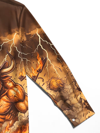 Adaychic Men's Graphic Western Bull Warrior Print Long Sleeve Shirt with Chest Pocket