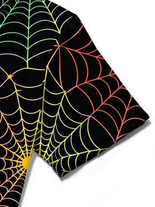 Adaychic Men's Patterned Rainbow Spider Web Print Short Sleeve Shirt with Chest Pocket