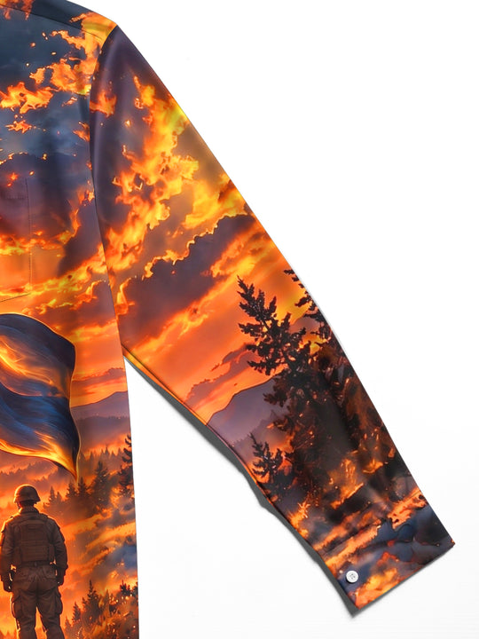 Adaychic Men's Veterans Day Soldiers And Flag At Sunset Print Long Sleeve Shirt with Chest Pocket