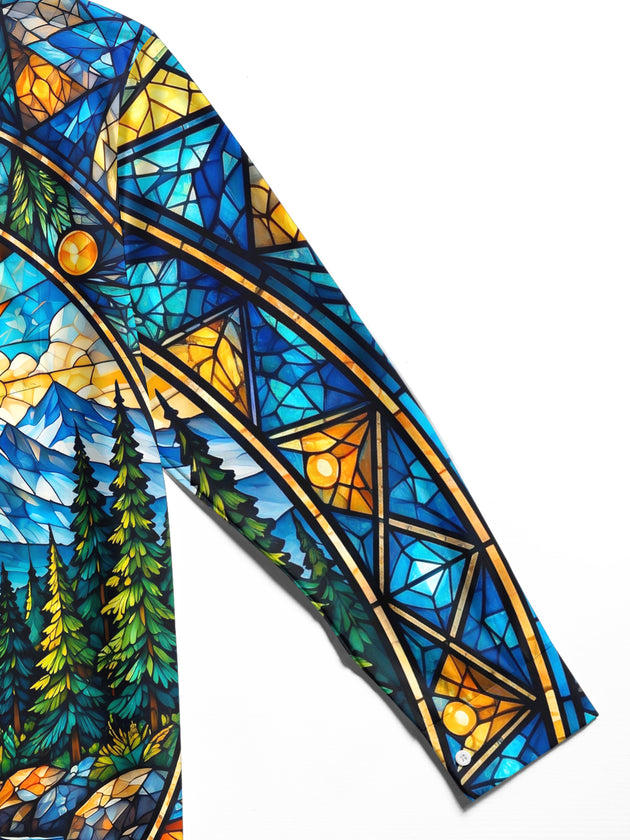 Adaychic Men's Long Sleeve Stand Collar Shirt - Stained Glass Mountain River Landscape Print