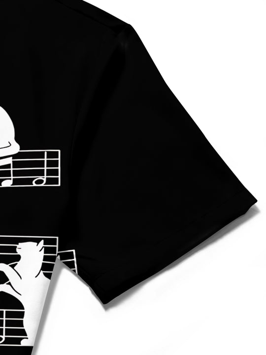 Adaychic Men's Graphic Cat On Musical Staff Print Short Sleeve Shirt with Chest Pocket