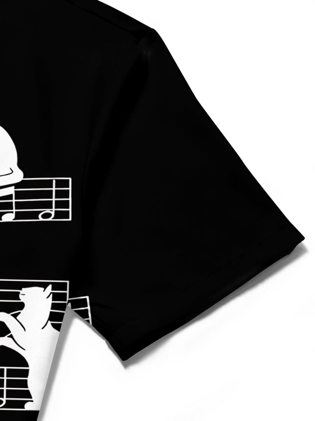 Adaychic Men's Graphic Cat On Musical Staff Print Short Sleeve Shirt with Chest Pocket