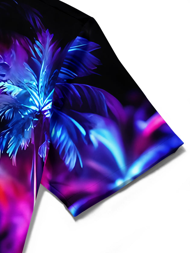 Adaychic Men's Hawaiian Neon Palm Trees Print Short Sleeve Shirt with Chest Pocket