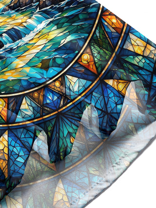 Adaychic Men's Long Sleeve Stand Collar Shirt - Stained Glass Mountain River Landscape Print