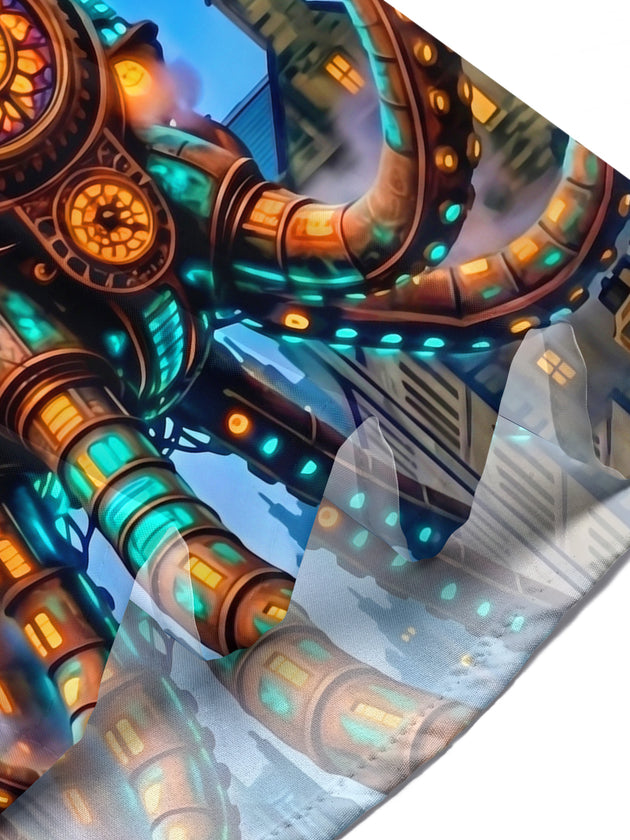 Adaychic Men's Graphic Steampunk Mechanical Octopus Print Short Sleeve Shirt with Chest Pocket