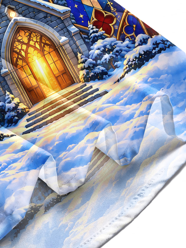 Adaychic Men's Long Sleeve Shirt - Christmas Gothic Church Stained Glass Windows And Snowy Landscape Print with Chest Pocket
