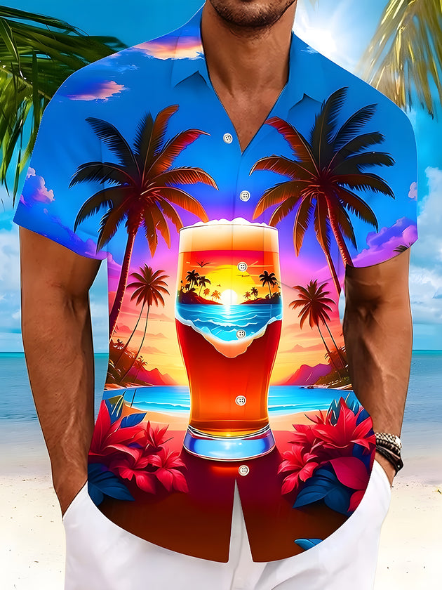 Men's Hawaiian ocean print short sleeve shirt front view tropical beach vacation