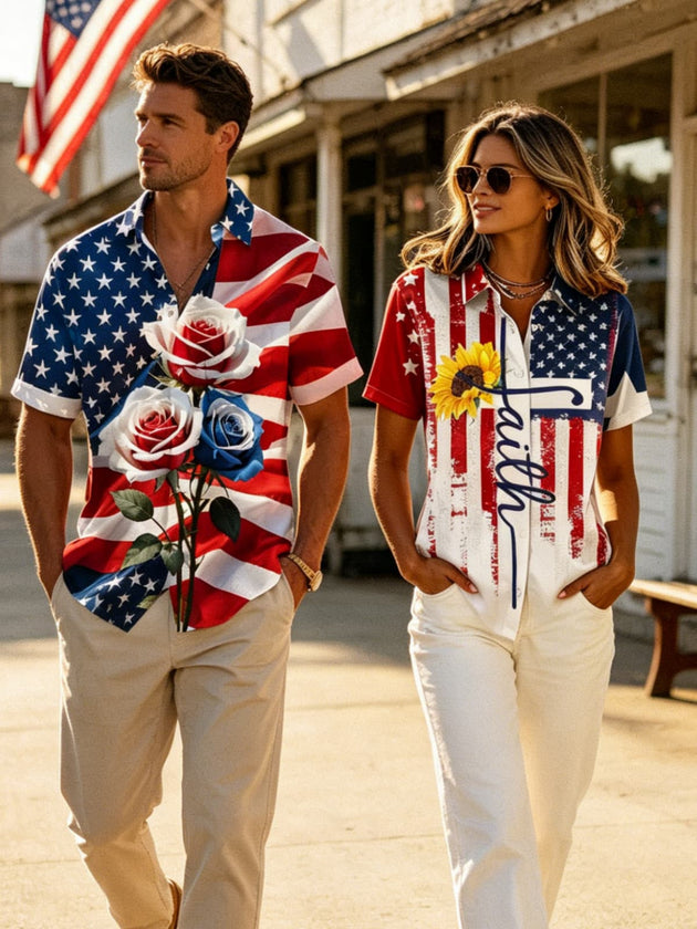 Independence Day Couple Outfits - American Flag Rose & Faith Sunflower shirts