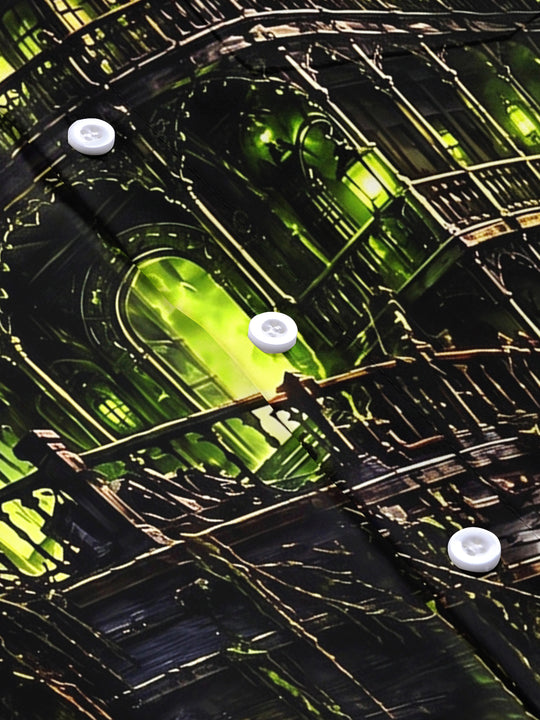 Adaychic Men's Short Sleeve Shirt - Halloween Ghostly Steamboat With Green Fog And Purple Smoke Print with Chest Pocket