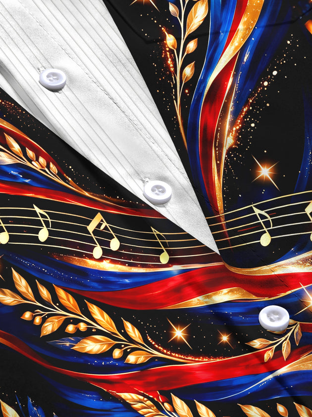 Adaychic Men's Long Sleeve Shirt - Veterans Day Musical Notes And Gold Leaves With Patriotic Ribbons Print with Chest Pocket