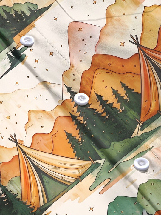 Adaychic Men's Printed Mountain Camping Scene Print Long Sleeve Shirt with Chest Pocket