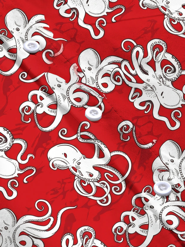 Adaychic Men's Hawaiian Octopus Print Red Background Print Long Sleeve Shirt with Chest Pocket