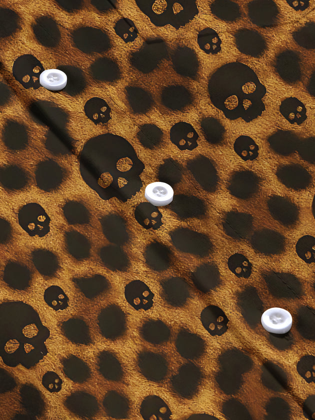 Adaychic Men's Printed Leopard Print Skull Motif Print Long Sleeve Shirt with Chest Pocket
