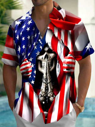 Men's American flag skull print short sleeve shirt front view for Independence Day