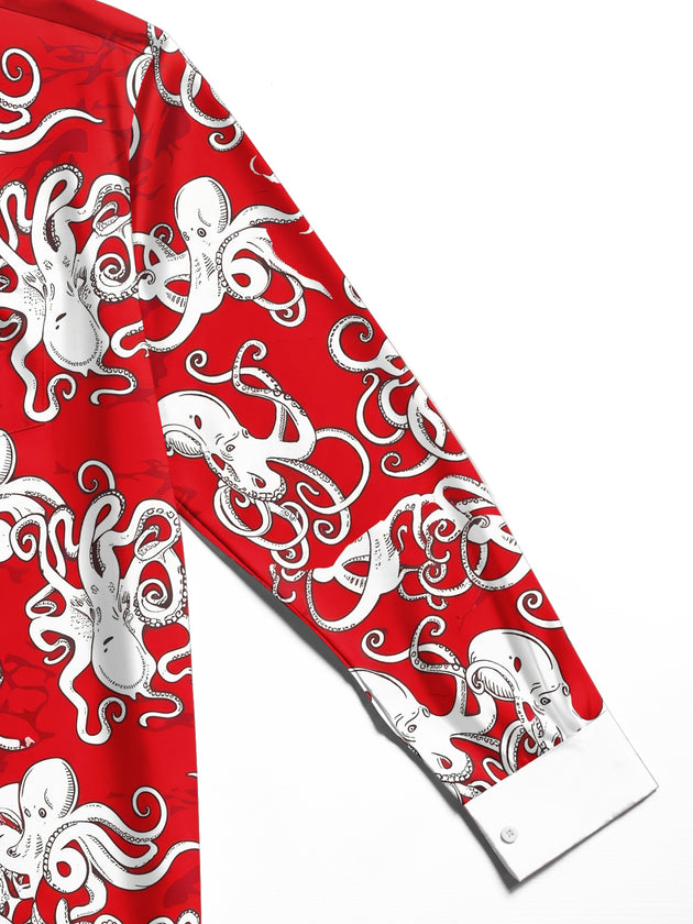 Adaychic Men's Hawaiian Octopus Print Red Background Print Long Sleeve Shirt with Chest Pocket